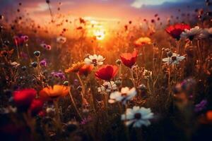 été fleur champ proche en haut avec sauvage romantique le coucher du soleil. ai génératif photo