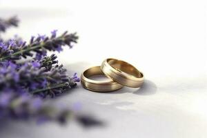 petit lavande fleurs et deux mariage anneaux. ai génératif photo