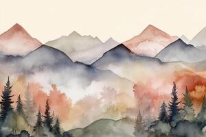 aquarelle boho style Montagne paysage, minimaliste, ancien avec en sourdine couleurs. ai génératif photo