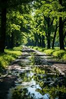 été, le Soleil brille brillamment, forêt chemin. ai génératif photo