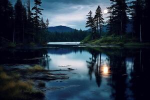 photo de Lac avec lune réflexion. ai génératif