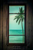 minimalisme, Voyage la photographie, fermer une Célibataire en bois Cadre verre la fenêtre. ai génératif photo