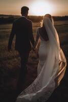 proche en haut photo de mains en portant chaque autre de une mariage couple. ai génératif