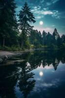 photo de Lac avec lune réflexion. ai génératif