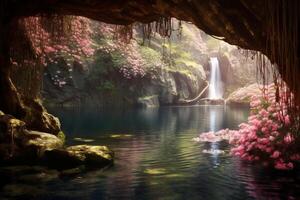 cascades sont chute dans, rayons de soleil sont émouvant le l'eau et cristaux et réfléchir le lumière, mousse les plantes et magnifique flore. ai génératif photo