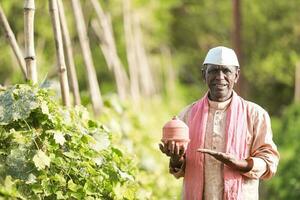 Indien agriculture content agriculteur en portant porcin banque dans cultiver, pauvres agriculteur, agriculteur économie photo