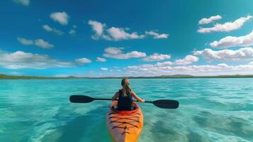 arrière vue de Dame pagayer le kayak dans le calme tropical baie clair bleu ciel. génératif ai photo