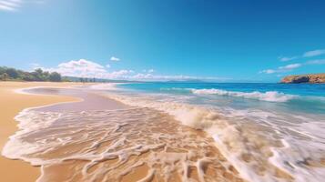 une romantique plage avec ensoleillé bleu ciel dans la norme style. génératif ai photo