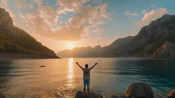 Jeune homme bras tendu par le mer à lever du soleil avec mer et Montagne voir. génératif ai photo