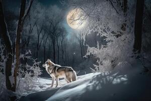 ai généré majestueux Loup dans une hiver paysage, entouré par neige et glacé des arbres. photo