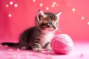 ai généré adorable chaton en jouant avec une Balle de fil, ensemble contre une brillant rose Contexte avec étincelant étoiles. photo