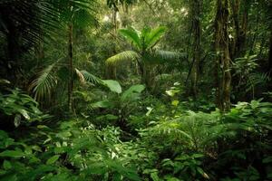 ai généré jungle est Accueil à beaucoup rare et en danger espèce de les plantes. photo