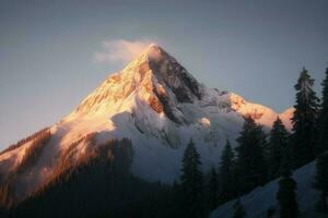 ai généré couvert de neige Montagne culminer, élongation vers le haut vers le ciel et baigné dans le chaud lueur de une lever du soleil. photo