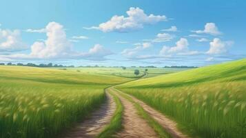 rustique saleté scénique route avec vert herbe et horizon avec bleu ciel. ai généré photo