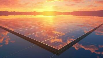 le surface de le solaire batterie avec le réflexion de le Soleil et le ciel futuriste Contexte. vert énergie concept, solaire Puissance plante avec panneaux sur le cultiver. ai généré photo
