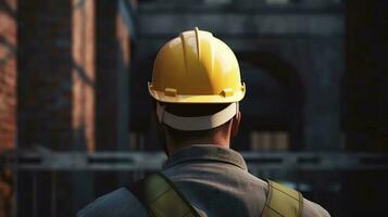 une travail homme dans une protecteur construction casque. un ingénieur à une construction site contrôles le processus de industriel construction. ai généré photo