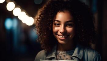 magnifique femme avec frisé cheveux souriant vivement généré par ai photo