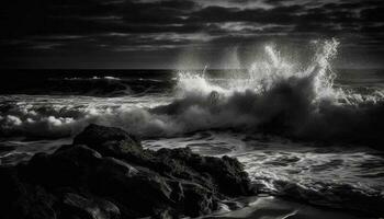 rupture vagues crash sur rocheux littoral, spectaculaire beauté généré par ai photo