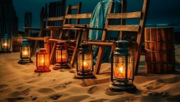 antique lanterne illumine foncé hiver camping nuit généré par ai photo