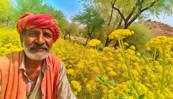 souriant Sénior agriculteur dans traditionnel turban, entouré par vibrant la nature généré par ai photo