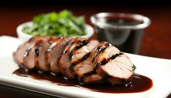 grillé porc steak avec sarriette sauce sur bien à manger assiette généré par ai photo