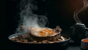 grillé porc assiette avec à la vapeur fruit de mer, servi sur noir Contexte généré par ai photo