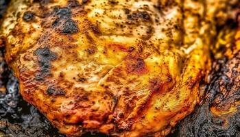 grillé steak et poulet, frit apéritifs, mauvais pour la santé en mangeant en plein air généré par ai photo