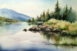 ai généré paisible Lac avec une réflexion de le montagnes dans le distance. aquarelle peinture. photo