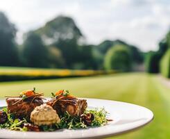 steak servi par une serveur à une luxe un événement en plein air, bien à manger, post-traité, génératif ai photo