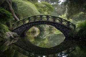 ai généré le Conte de fée pont LED à travers le tranquille étang à une monde de merveille. photo