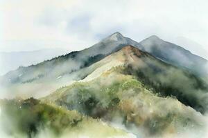 ai généré brumeux Montagne de pointe en hausse en dehors de une brumeux vallée. aquarelle peinture. photo