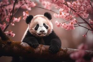 ai généré mignonne bébé Panda séance sur une arbre bifurquer, entouré par rose Cerise fleurs et vert feuilles, avec une doux, diffus lumière moulage une chaud lueur sur ses fourrure. photo