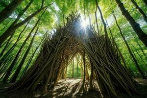 ai généré imposant des arbres dans le forêt établi une Naturel abri de le Soleil. photo