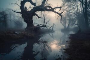 ai généré sinistre marais à crépuscule, avec une noueux arbre avec torsion les racines et une brumeux brouillard roulant à travers le stagnant l'eau. photo