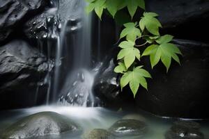 ai généré proche en haut de une cascade avec feuilles et rochers. photo