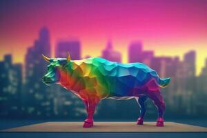 ai généré 3d illustration de une gros coloré taureau sur brouiller ville Contexte. affaires et commerce en haut tendance concept. photo