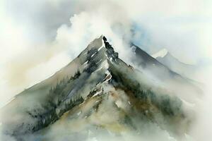 ai généré brumeux Montagne de pointe en hausse en dehors de une brumeux vallée. aquarelle peinture. photo