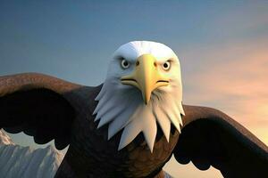 ai généré 3d dessin animé majestueux Aigle monte en flèche par le ciel. ses tranchant yeux balayage le paysage dessous. photo