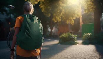 un la personne sac à dos par nature, profiter le été lumière du soleil généré par ai photo