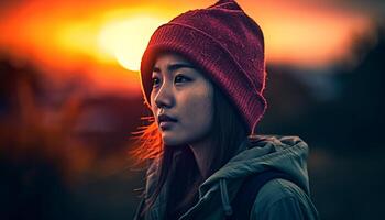 un Jeune femme, rétro-éclairé par coucher de soleil, souriant dans la nature généré par ai photo