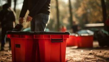 équipe de adultes et les enfants travail ensemble à nettoyer environnement généré par ai photo