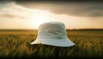 une Jeune agriculteur dans paille chapeau jouit tranquille blé Prairie généré par ai photo
