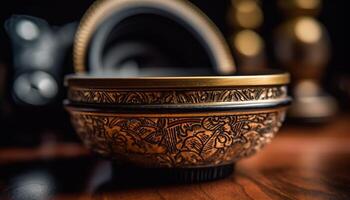 antique poterie bol sur en bois tableau, sélectif se concentrer, indigène culture généré par ai photo