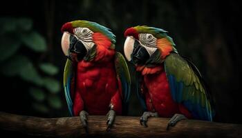 vibrant multi coloré ara se percher sur branche dans tropical forêt tropicale généré par ai photo