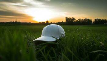 Hommes en jouant des sports sur vert Prairie à le coucher du soleil avec base-ball casquette généré par ai photo