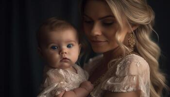 magnifique caucasien famille embrassement leur mignonne bébé fille dans studio portrait généré par ai photo