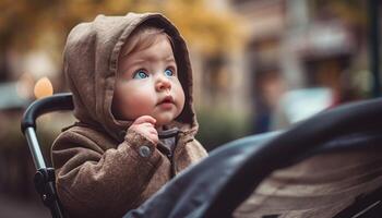 mignonne bébé garçon séance en plein air, souriant dans l'automne la nature beauté généré par ai photo