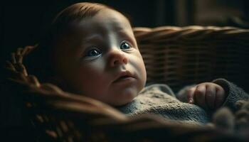 mignonne bébé garçon, portrait de innocence proche en haut à la recherche à l'intérieur, souriant généré par ai photo