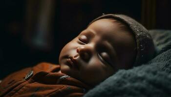 mignonne caucasien bébé garçon en train de dormir pacifiquement, une portrait de innocence généré par ai photo