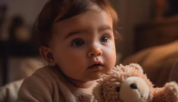 mignonne caucasien garçon en portant nounours ours dans confortable chambre portrait généré par ai photo